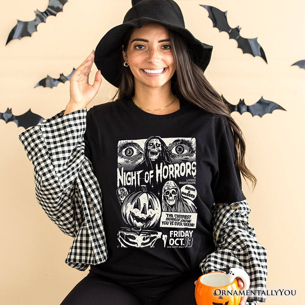 Night of Horrors Retro Halloween T-Shirt, Vintage Poster Tee for Spooky Season Fans T-Shirts OrnamentallyYou 
