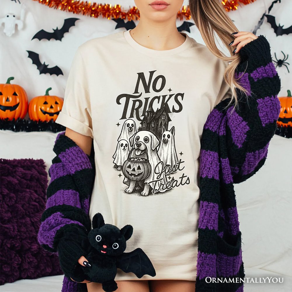 No Tricks Just Treats Dog T-Shirt, Funny Halloween Puppy Tee with Spooky Vibes T-Shirts OrnamentallyYou 