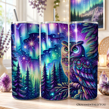 Northern Lights Aurora Owl 20oz Personalized Tumbler With Lid and Stainless Steel Straw, Magical Woodland Gift Cup
