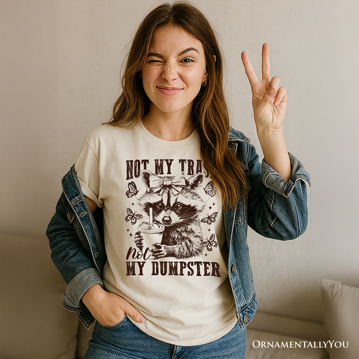Not My Trash Not My Dumpster Cute Raccoon T-Shirt, White and Natural Vintage Coquette Bow Women Tee