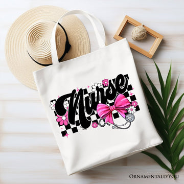 Nurse Floral Coquette Pink Bow Canvas Tote Bag, Retro Stethoscope Checkered Coworker Gift Tote Bag OrnamentallyYou White 