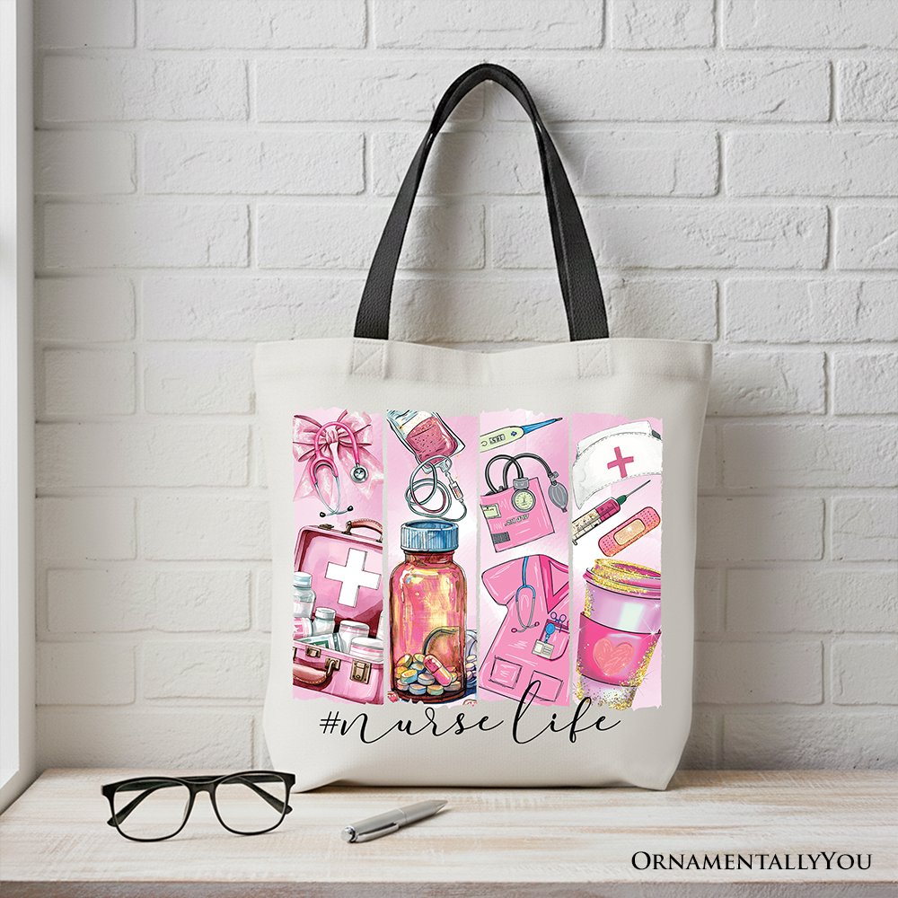 Nurse Life Canvas Tote Bag, Medical Essentials Gift Bag for Coquette Nurses Tote Bag OrnamentallyYou Black Handle 