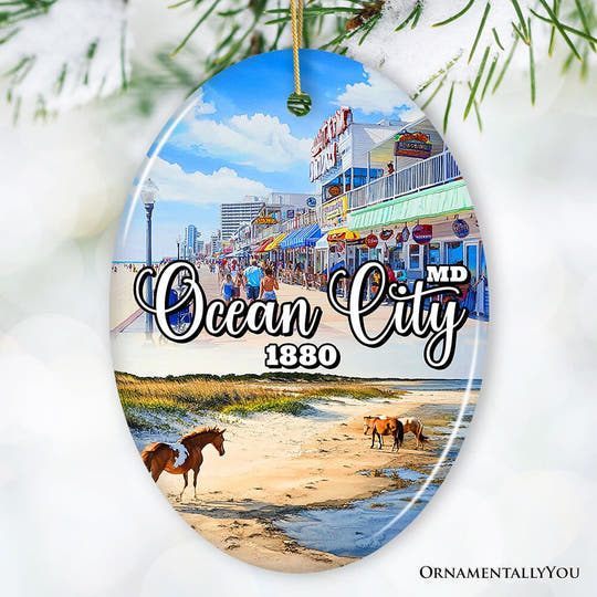 Ocean City Ceramic Ornament, Maryland Coastal Themes Christmas Decoration and Gift Ceramic Ornament OrnamentallyYou Oval 