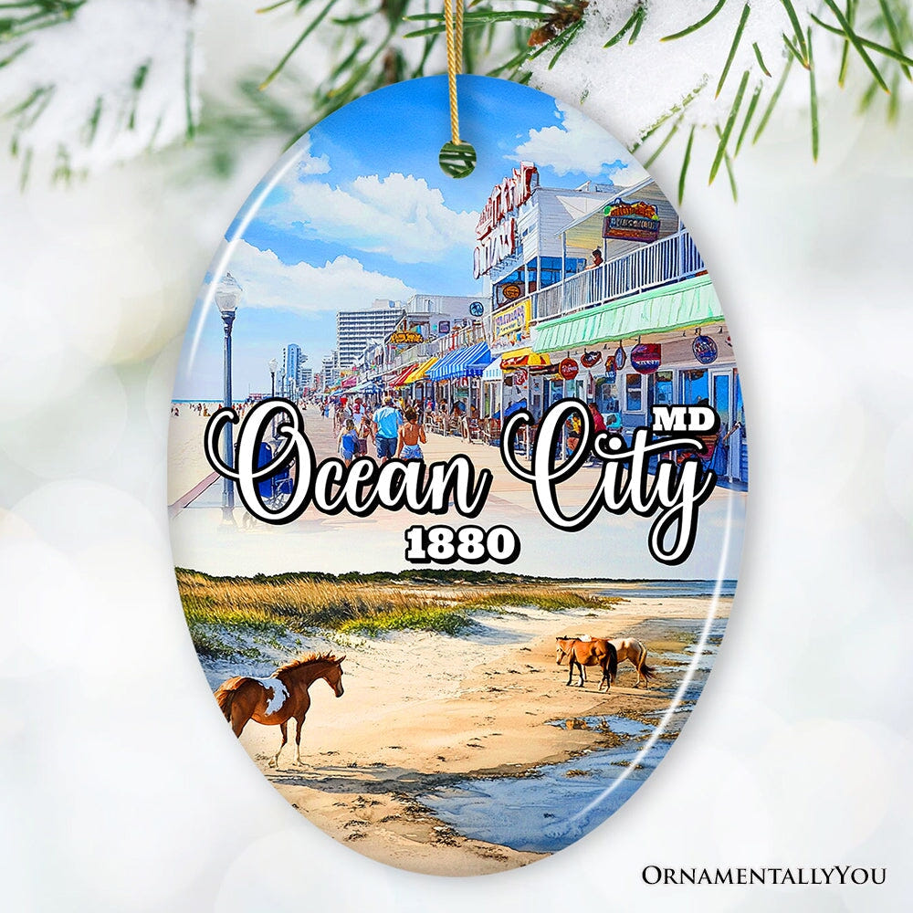 Ocean City Ceramic Ornament, Maryland Coastal Themes Christmas Decoration and Gift Ceramic Ornament OrnamentallyYou Oval 