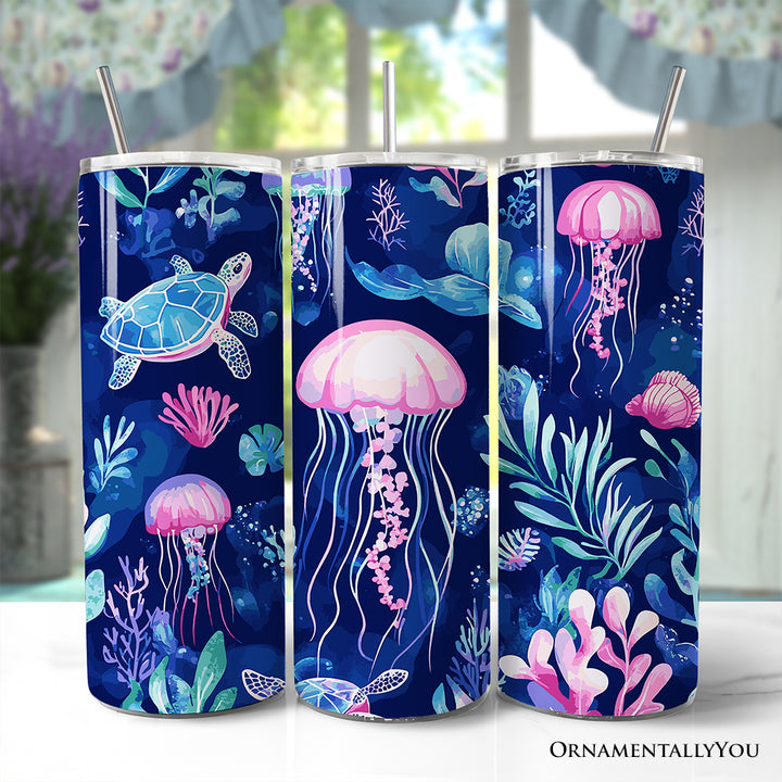 Ocean Jellyfish and Sea Turtle 20oz Personalized Tumbler With Lid and Stainless Steel Straw, Underwater Coral Reef Gift Cup
