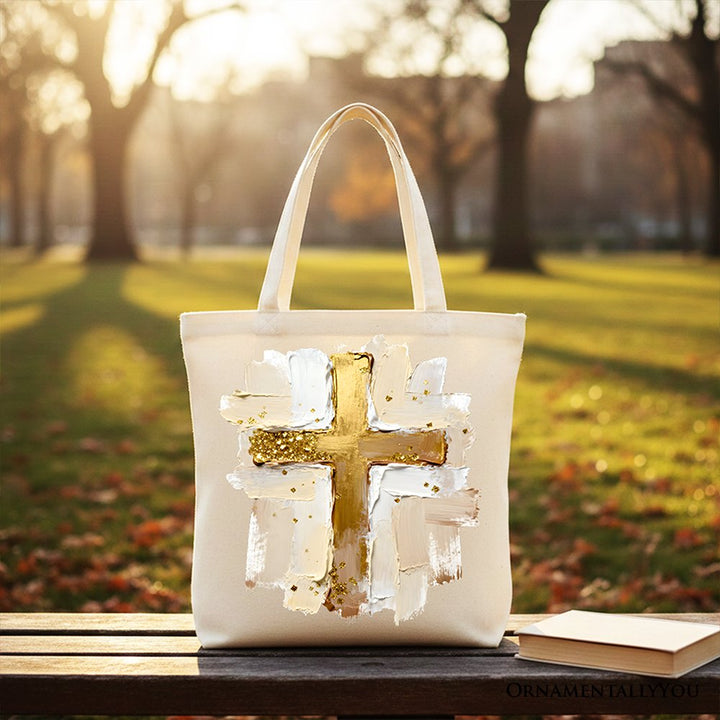 Oil Brushstroke Cross Canvas Tote Bag, Christian Faith Jesus Easter Gift Shopper Tote Bag OrnamentallyYou Beige 