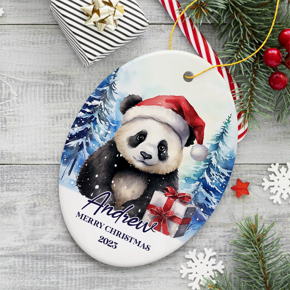Panda with Santa Hat Personalized Ornament, Winter Forest Christmas Gift With Custom Name and Date Ceramic Ornament OrnamentallyYou Oval 