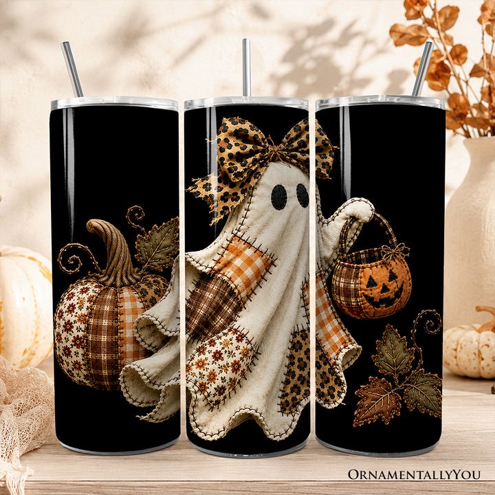 Patchwork Ghost Leopard 20oz Personalized Tumbler With Lid and Stainless Steel Straw, Rustic Fall Halloween Gift Cup