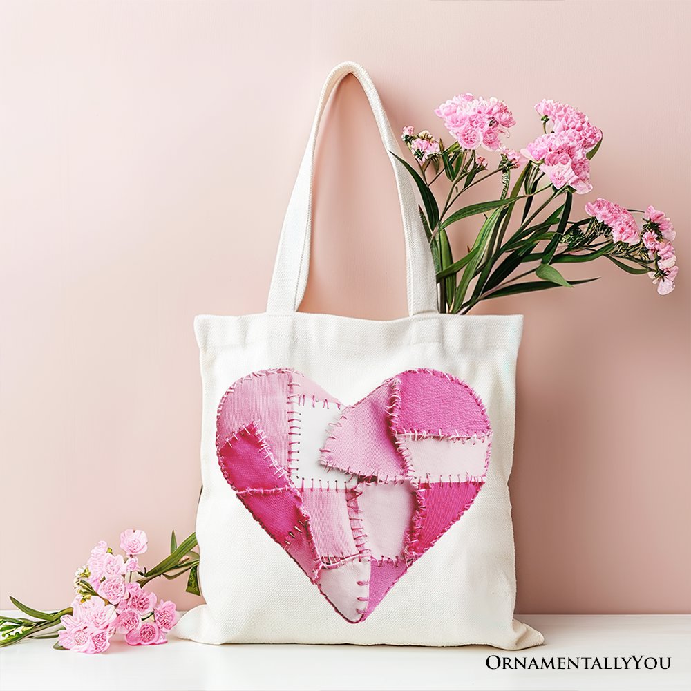 Patchwork-Style Pink Heart Canvas Tote Bag, Vintage Valentine Coquette Love Printed Gift Bag Tote Bag OrnamentallyYou White 