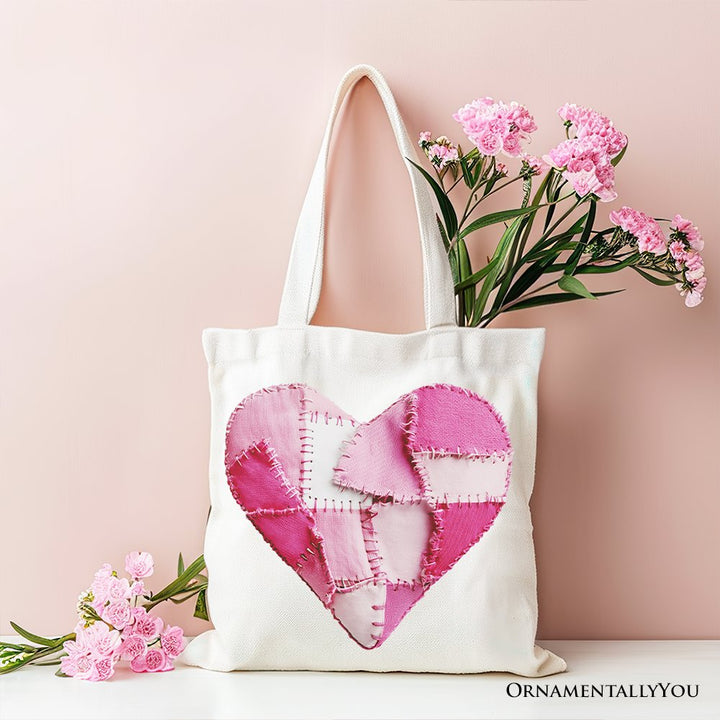Patchwork-Style Pink Heart Canvas Tote Bag, Vintage Valentine Coquette Love Printed Gift Bag Tote Bag OrnamentallyYou White 