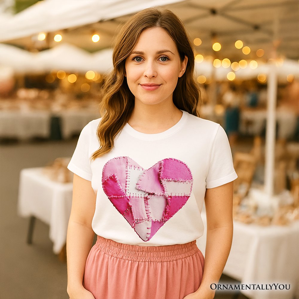 Patchwork Pink Heart Valentine T-Shirt, Love Retro Coquette Tee T-Shirts OrnamentallyYou 
