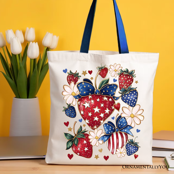 Patriotic Boho Strawberries Bouquet Canvas Tote Bag, 4th of July Festive Patch Gift