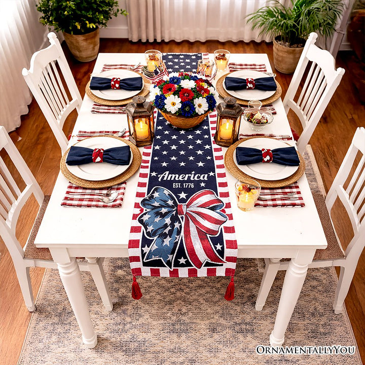 Patriotic Bow 72" Jacquard Table Runner, High Quality Holiday Rectangle Tablecloth with Red White Blue Design Table Runner OrnamentallyYou 