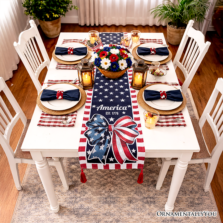 Patriotic Bow 72" Jacquard Table Runner, High Quality Holiday Rectangle Tablecloth with Red White Blue Design