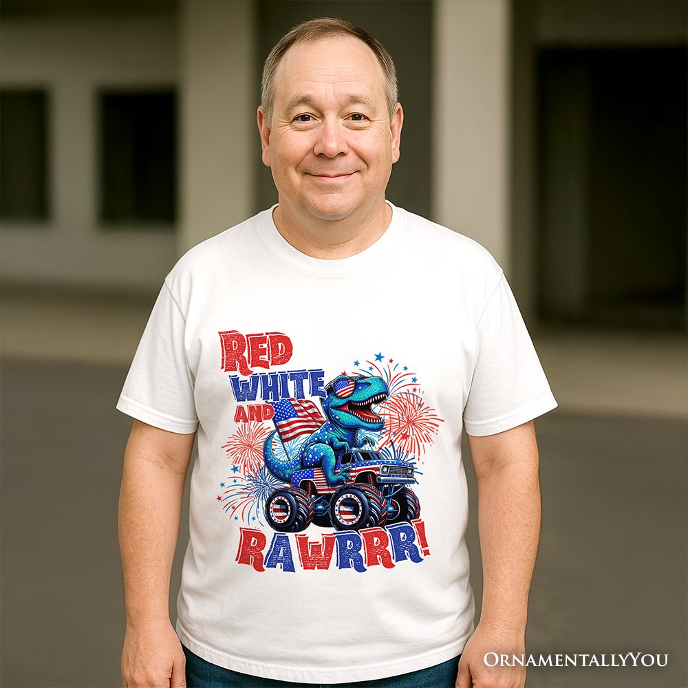 Patriotic Dinosaur Monster Truck T-Shirt, Red White and Rawrr 4th of July Tee T-Shirts OrnamentallyYou 