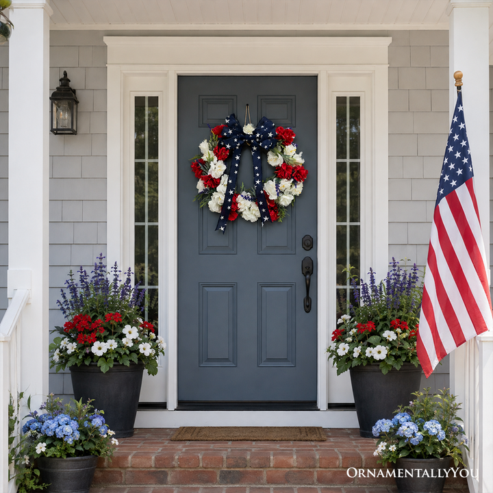 Patriotic Red White & Blue 18" Floral Wreath with Star Bow