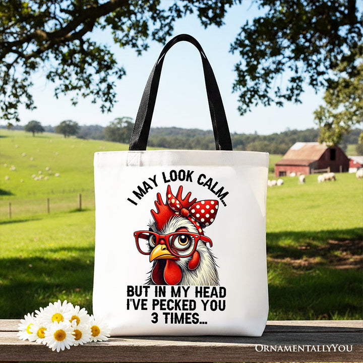 Pecking Chicken Tote Bag, Red Glasses and Bow White Gift Shopper for Sassy Women Tote Bag OrnamentallyYou Black Handle 