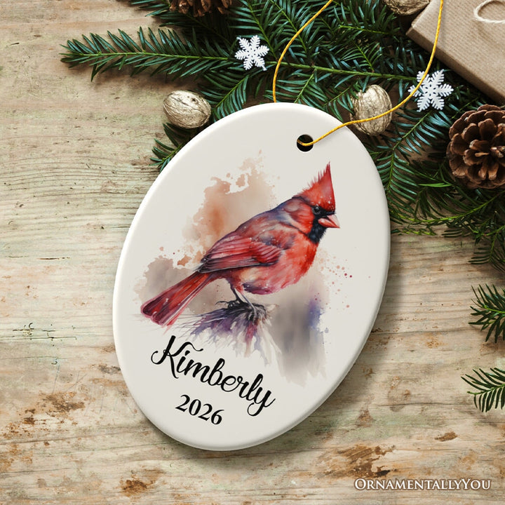 Personalized Artistic Cardinal Watercolor Ornament, Custom Name and Date Gift Ceramic Ornament OrnamentallyYou Oval 