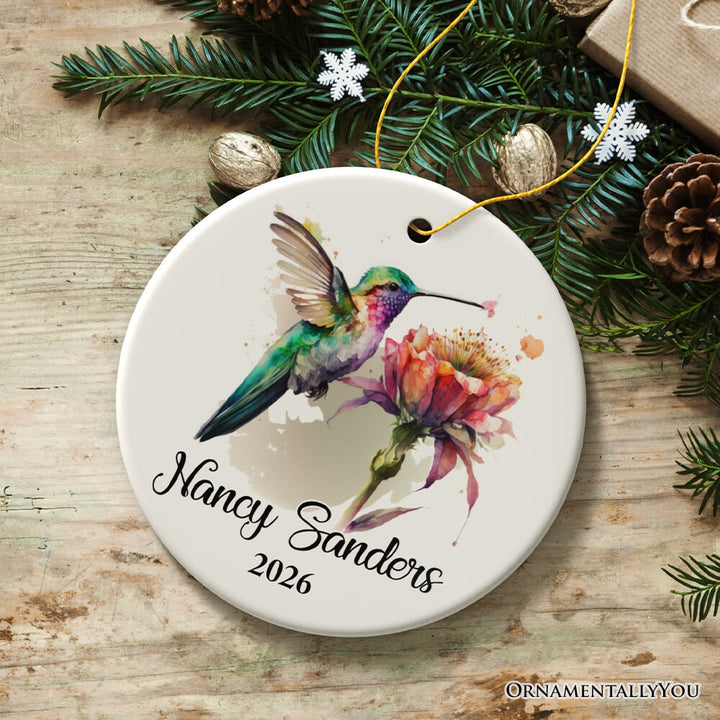 Personalized Artistic Hummingbird Watercolor Ornament, Custom Name and Date Gift Ceramic Ornament OrnamentallyYou Circle 