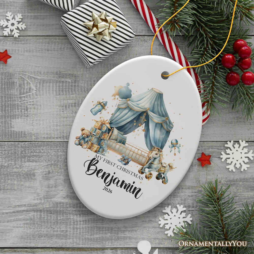 Personalized Baby Boy First Christmas Ornament, Treasured Newborn Holiday Debut Gift Ceramic Ornament OrnamentallyYou Oval 