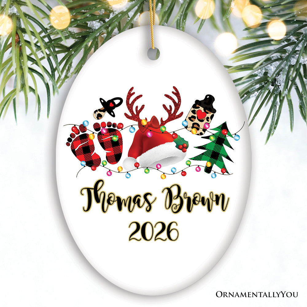 Personalized Baby Christmas Buffalo Plaid Leopard Ornament Gift