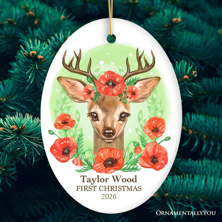 Personalized Baby's First Christmas Fawn Deer Watercolor Christmas Ornament Ceramic Ornament OrnamentallyYou Oval 