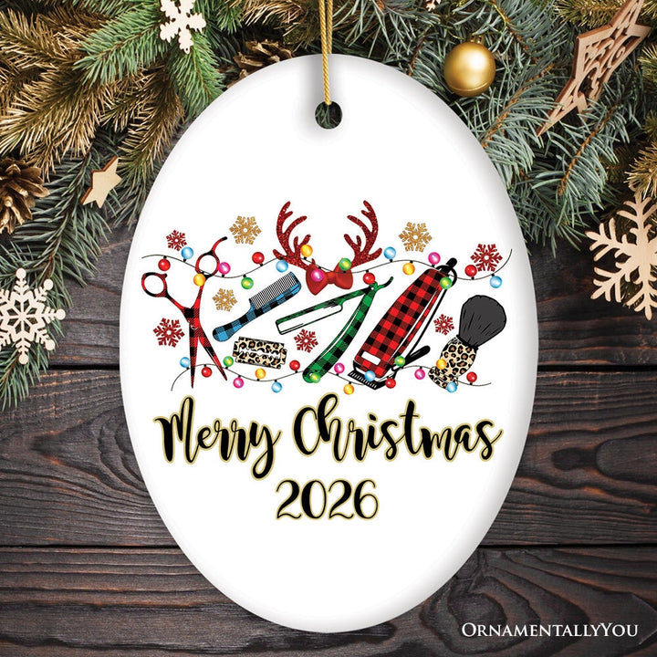 Personalized Barber Buffalo Plaid Leopard Merry Christmas Ornament, Barbershop Gift Ceramic Ornament OrnamentallyYou Oval 
