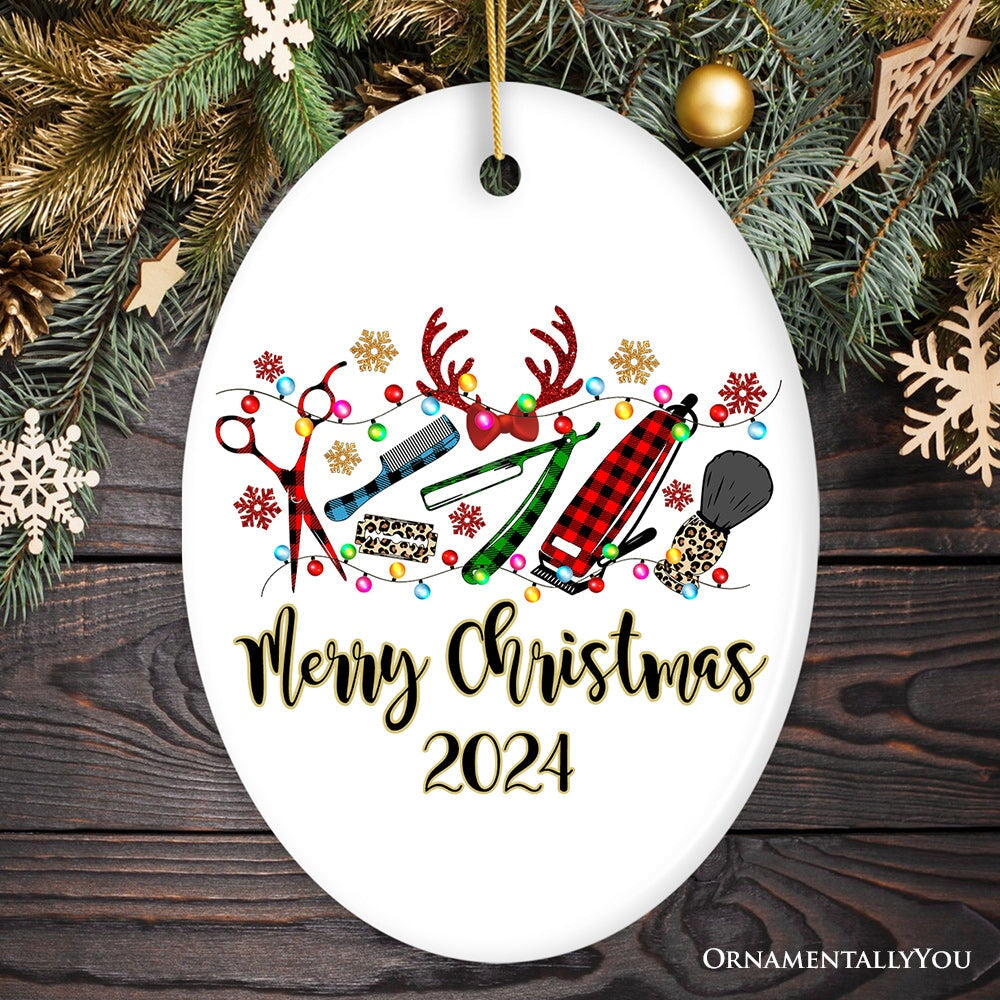 Personalized Barber Buffalo Plaid Leopard Merry Christmas Ornament, Barbershop Gift Ceramic Ornament OrnamentallyYou Oval 