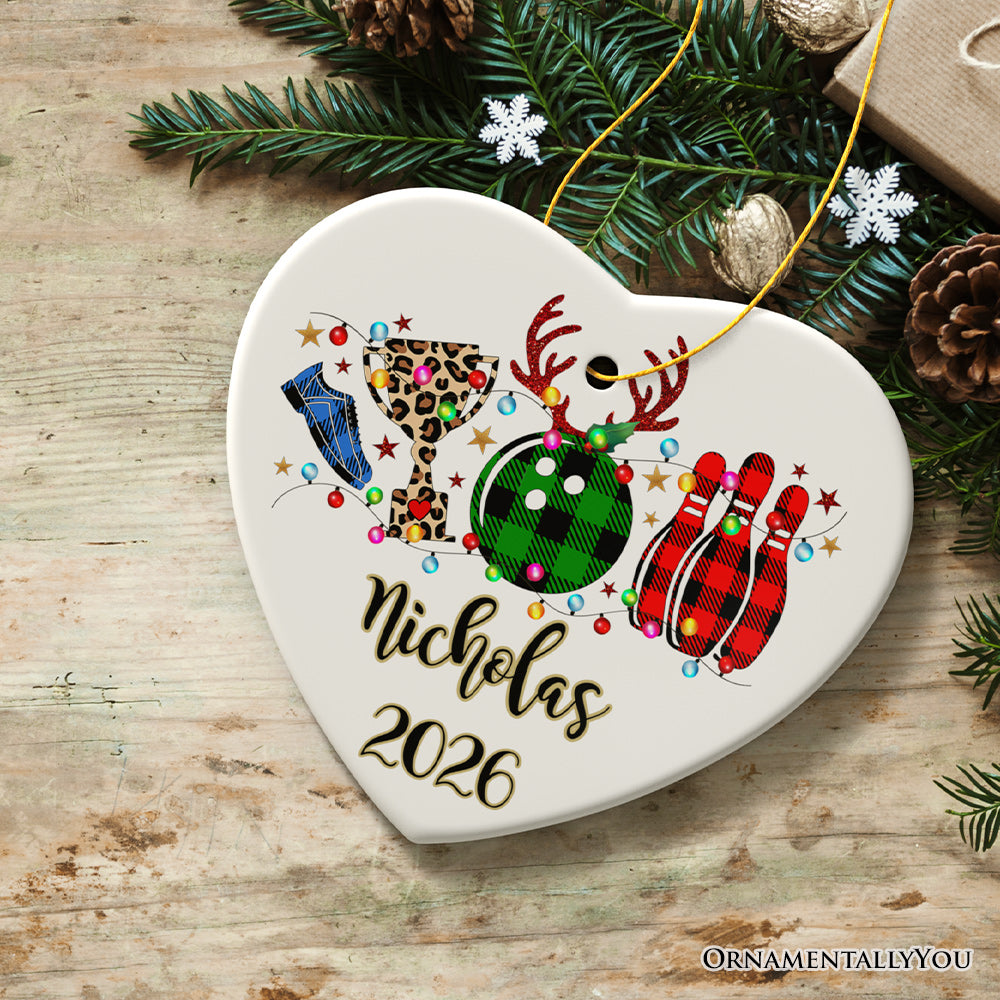 Personalized Bowling Buffalo Plaid Leopard Christmas Ornament, Ball Pins and Trophy