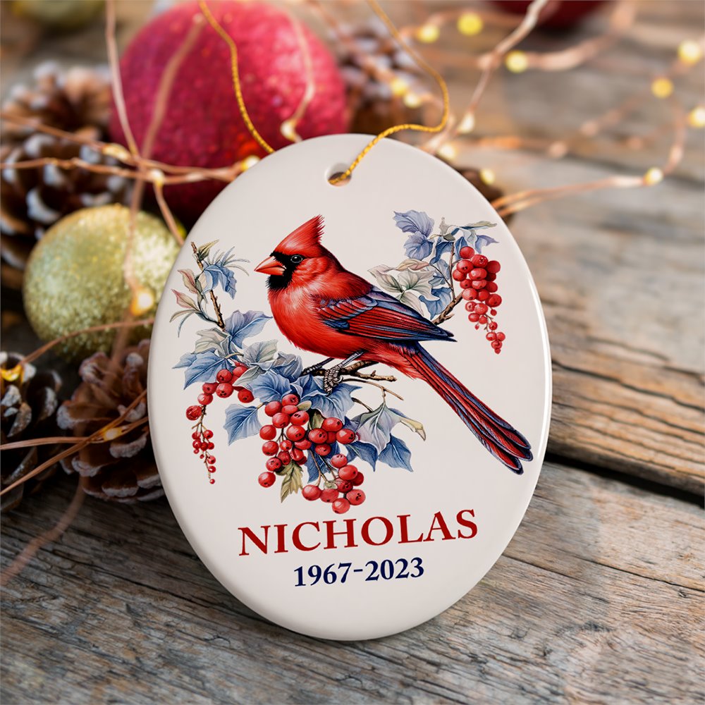 Personalized Cardinal Ornament, Winter Wonderland Christmas Gift With Custom Name and Date Ceramic Ornament OrnamentallyYou Oval 