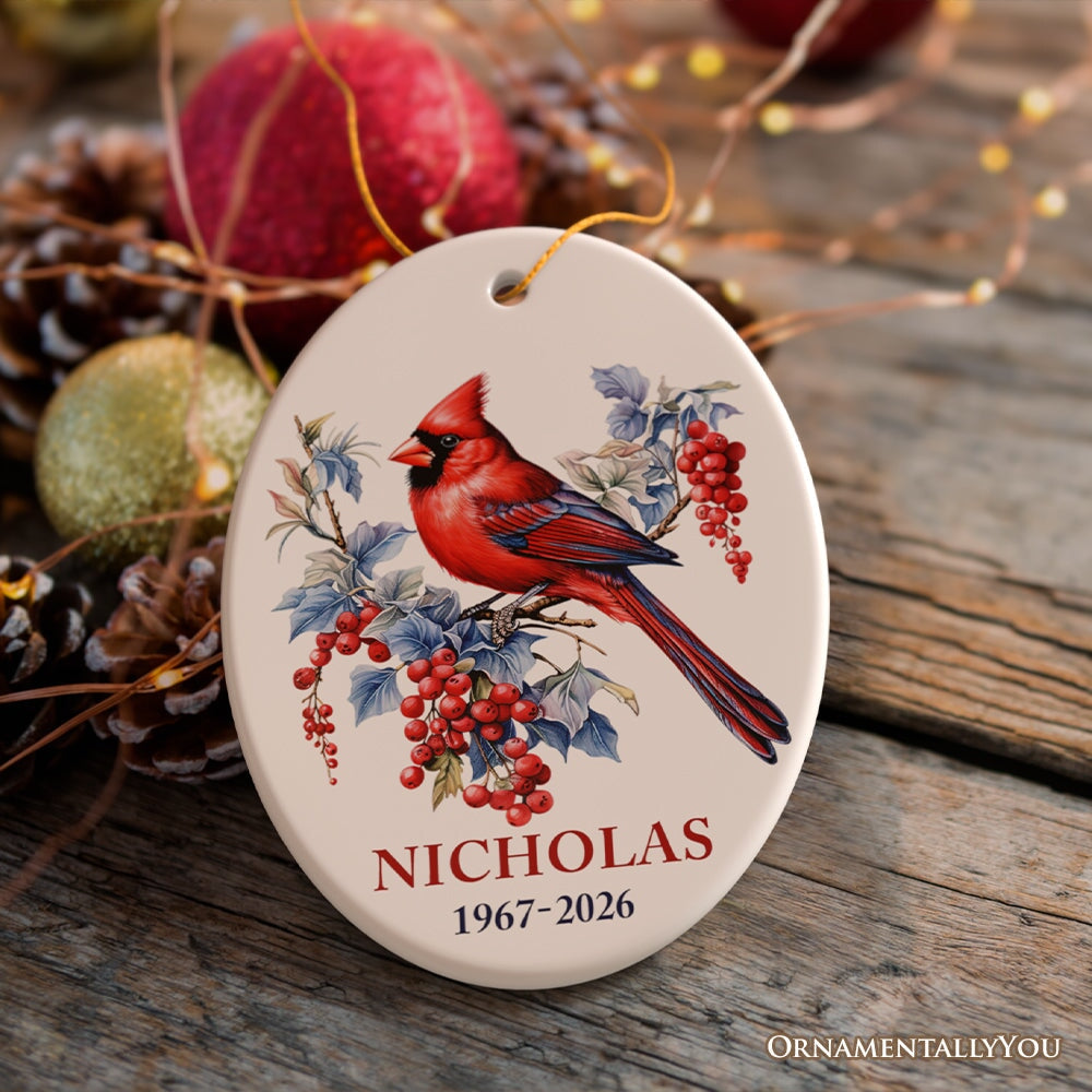 Personalized Cardinal Ornament, Winter Wonderland Christmas Gift With Custom Name and Date Ceramic Ornament OrnamentallyYou Oval 
