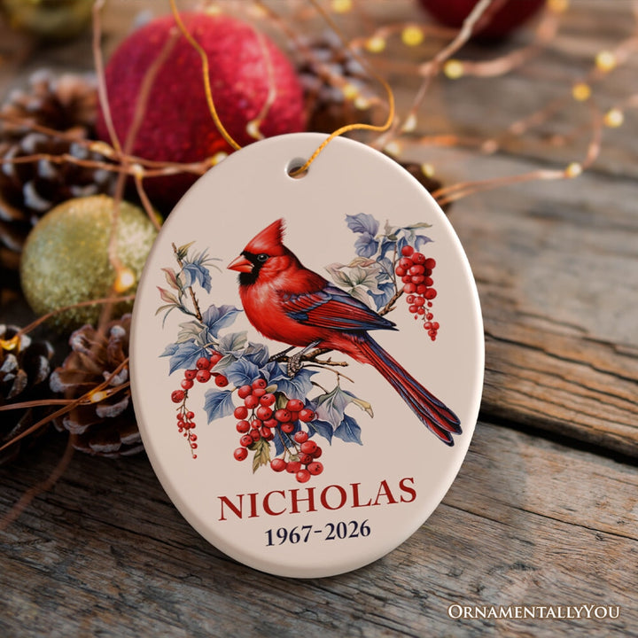 Personalized Cardinal Ornament, Winter Wonderland Christmas Gift With Custom Name and Date Ceramic Ornament OrnamentallyYou Oval 
