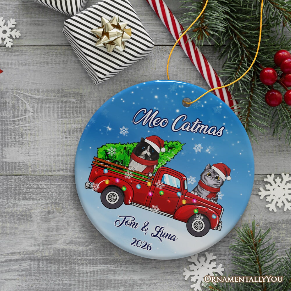 Personalized Christmas Cat Family Ornament, Up to Three Kittens with Names Ceramic Ornament OrnamentallyYou 