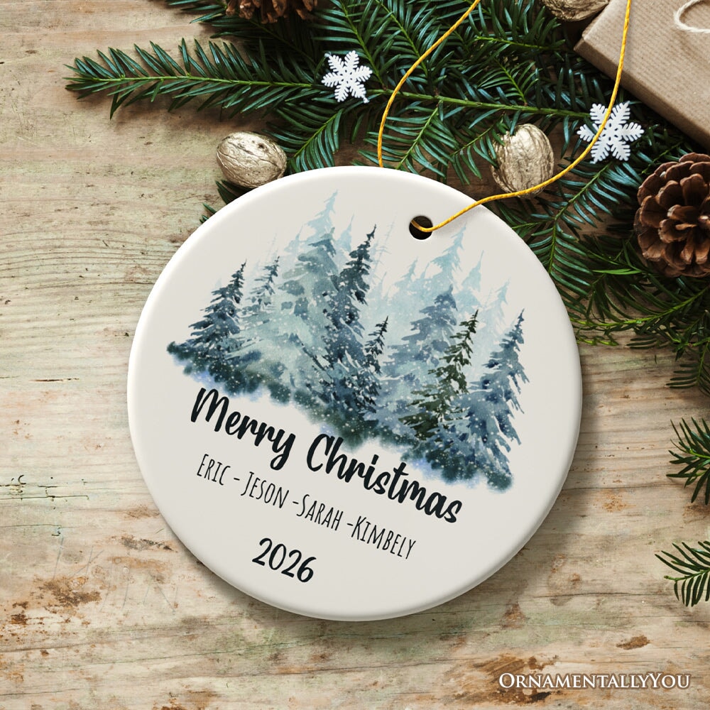 Personalized Family Keepsake Christmas Ornament, Watercolor Winter Forest Trees Ceramic Ornament OrnamentallyYou 