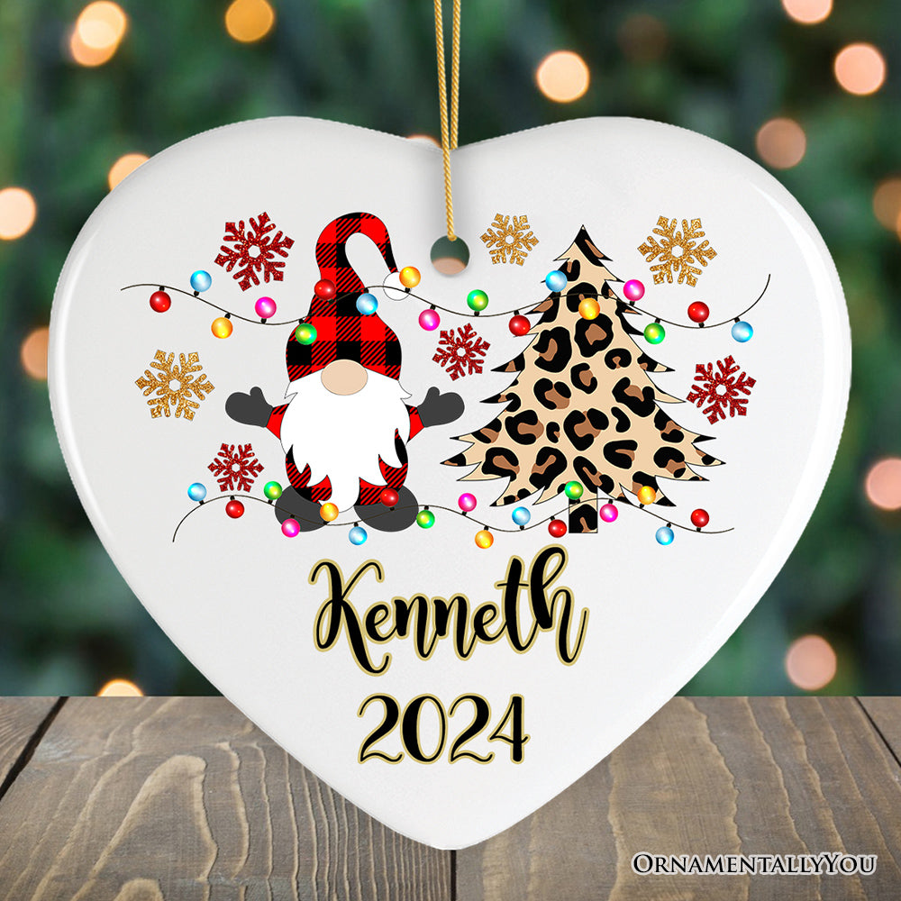 Personalized Gnome Plaid Leopard Merry Christmas Ornament Gift