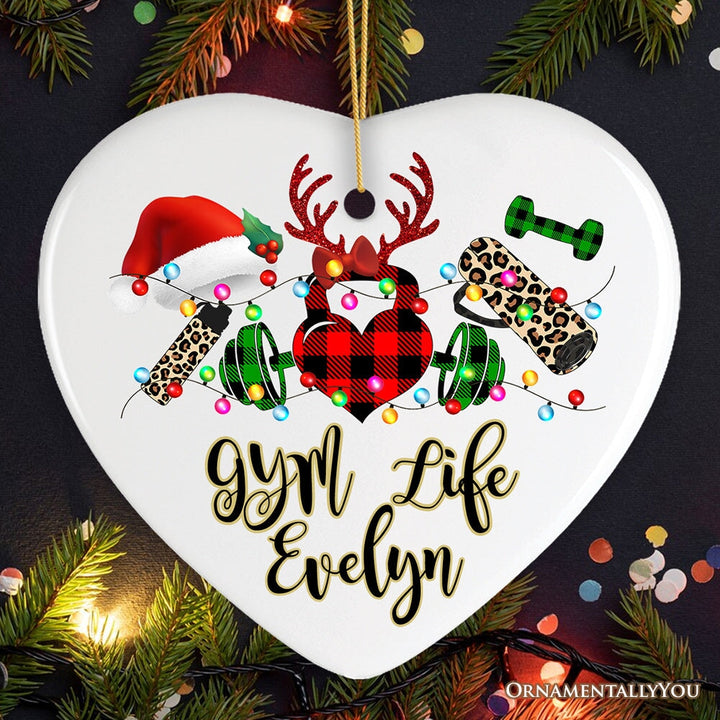 Personalized Gym Buffalo Plaid Leopard Merry Christmas Ornament, Personal Trainer Gift Ceramic Ornament OrnamentallyYou Heart 