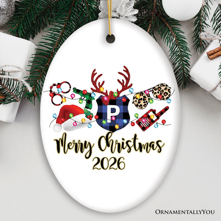 Personalized Merry Christmas Plaid Police Officer Christmas Ornament Ceramic Ornament OrnamentallyYou Oval 