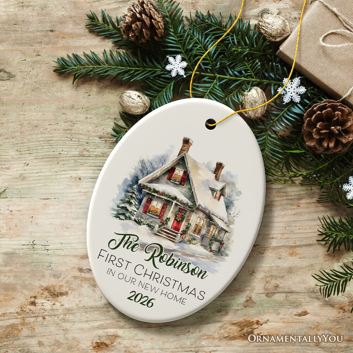 Personalized New Home General Rustic Winter House Theme Christmas Ornament, Watercolor Winter Forest Vintage Cabin Style Ceramic Ornament OrnamentallyYou Oval 