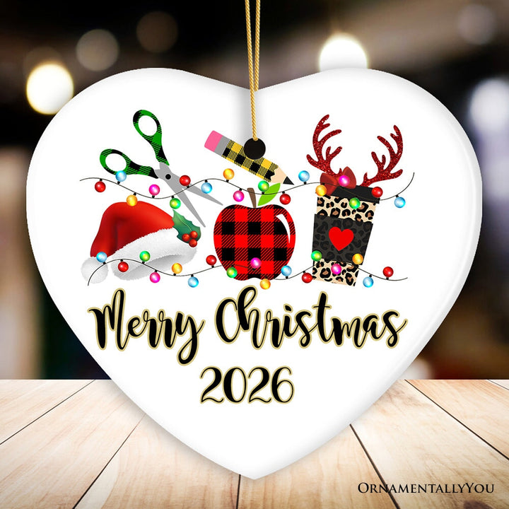 Personalized Plaid Teacher Merry Christmas Ornament, Holiday School Xmas Gift Ceramic Ornament OrnamentallyYou Heart 
