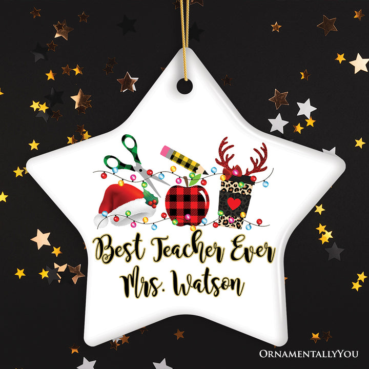 Personalized Plaid Teacher Merry Christmas Ornament, Holiday School Xmas Gift