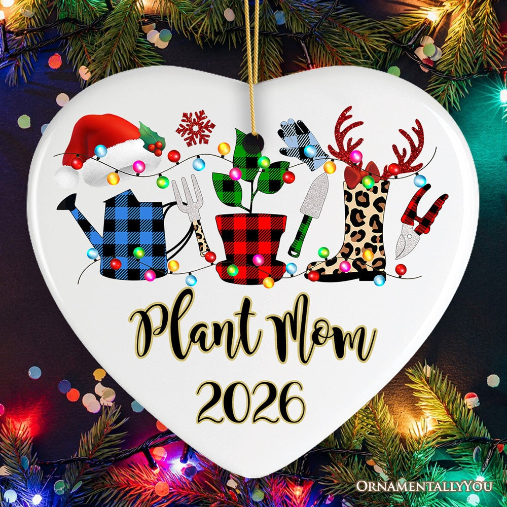 Personalized Plant Lover Gift Buffalo Plaid Leopard Merry Christmas Ornament, Botanical Gift Ceramic Ornament OrnamentallyYou Heart 