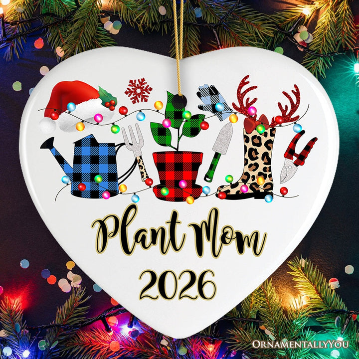 Personalized Plant Lover Gift Buffalo Plaid Leopard Merry Christmas Ornament, Botanical Gift Ceramic Ornament OrnamentallyYou Heart 