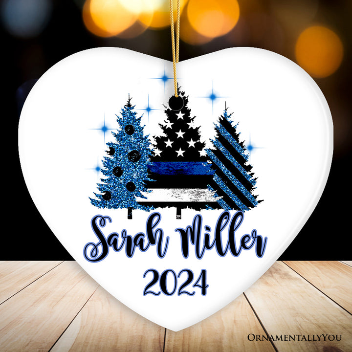 Personalized Police Officer Back The Blue Merry Christmas Trees Ornament, Retirement Gift