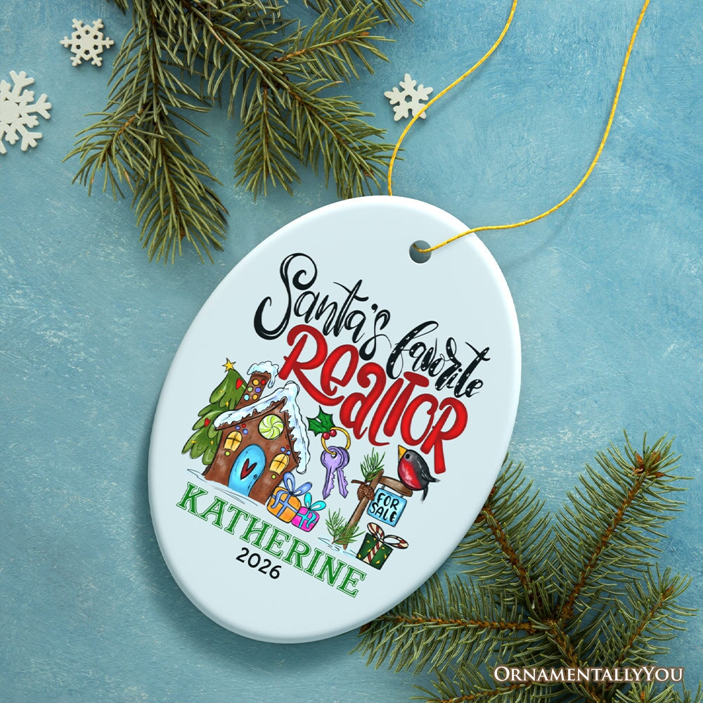 Personalized Santa’s Favorite Realtor Christmas Ornament, Real Estate Agent Custom Appreciation Gift Ceramic Ornament OrnamentallyYou Oval 