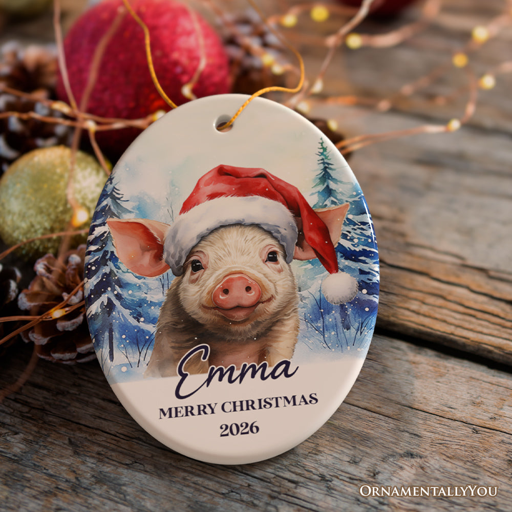 Pig with Santa Hat Personalized Ornament, Winter Forest Christmas Gift With Custom Name and Date