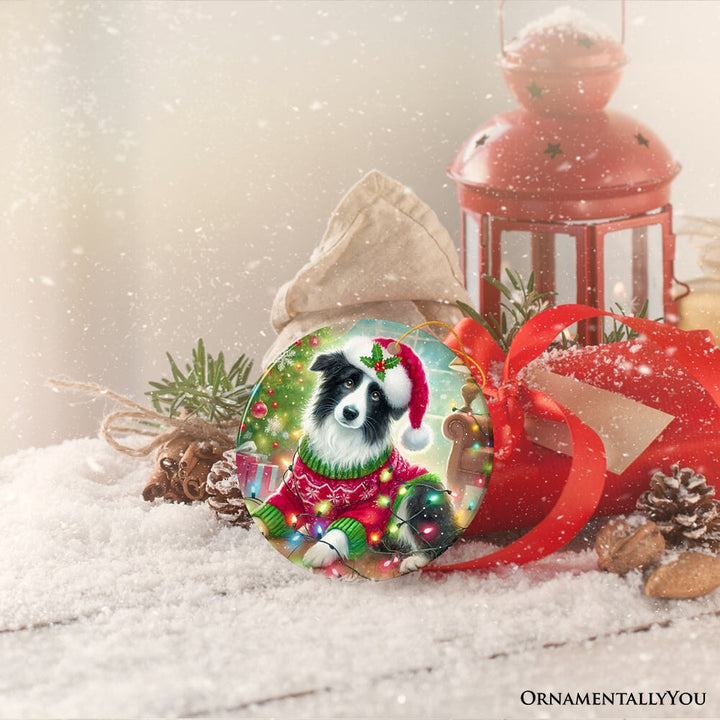 Playful Border Collie with Santa Hat Ornament, Festive Canine Christmas Decor Ceramic Ornament OrnamentallyYou 