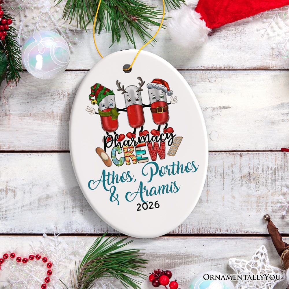 Playful Personalized Pharmacist Crew Christmas Ornament, Customized Gift for Pharmacy with Pills Ceramic Ornament OrnamentallyYou Oval 