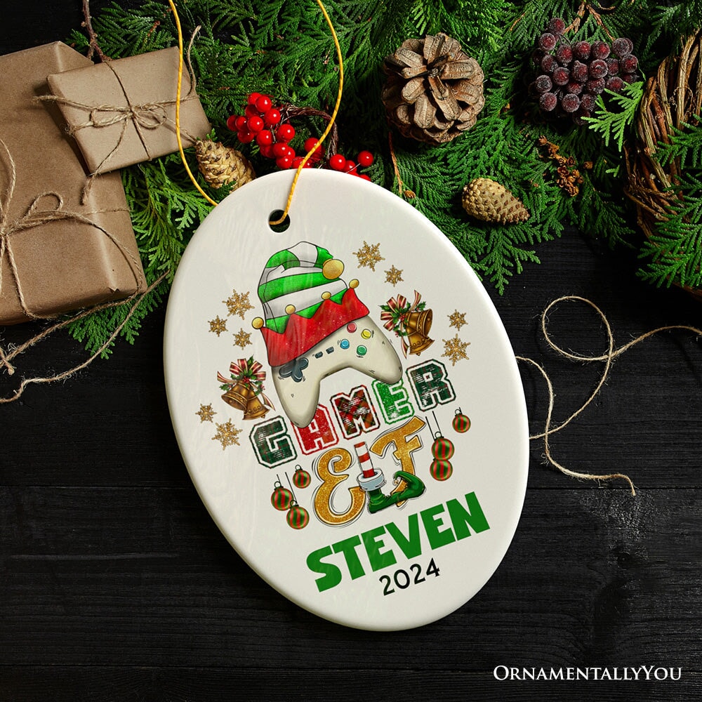 Playful Personalized Video Games Gamer Elf Gift, Customized Christmas Gaming Ornament Ceramic Ornament OrnamentallyYou Oval 