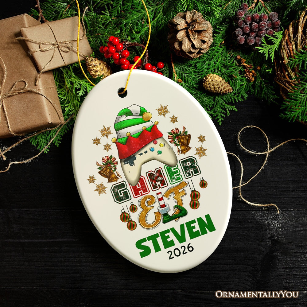 Playful Personalized Video Games Gamer Elf Gift, Customized Christmas Gaming Ornament Ceramic Ornament OrnamentallyYou Oval 