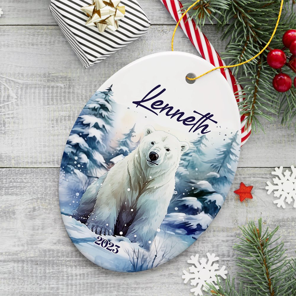 Polar Bear Personalized Ornament, Splendid Frozen Dreams Christmas Gift With Custom Name and Date Ceramic Ornament OrnamentallyYou Oval 